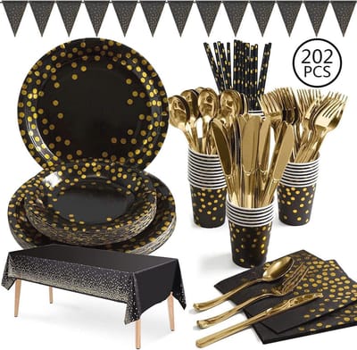 Party Tableware Set 202 Delige Zwart-Gouden Papieren Set voor Bruiloften en Feesten
