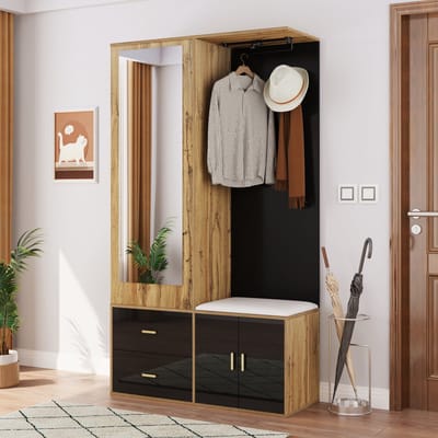 OKWISH Garderobekast Met Spiegel En Schoenenbank - Open En Verborgen Hanggedeelte - 100x38x180 cm - Schoenopslag 8-12 Paar - Zwart+Lichtbruin - Spaanplaat