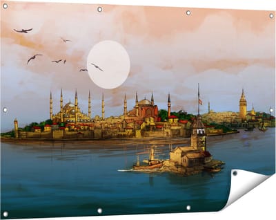 Gards Tuinposter Illustratie van de Maiden's Tower in Istanbul - 120x80 cm - Tuindoek - Tuindecoratie - Wanddecoratie buiten - Tuinschilderij
