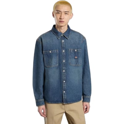 Overhemd Lange Mouw Dickies MECHANIC DENIM SHIRT LS KHAKI TINTED BLUE