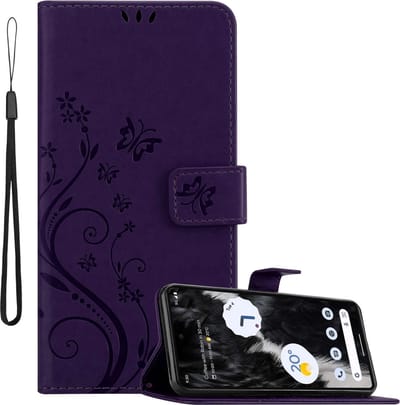 Cadorabo Hoesje geschikt voor Google PIXEL 7 in BLOEMEN DONKER PAARS - Beschermhoes in bloemmotief met magnetische sluiting, standfunctie en kaartsleuven Book Case Cover Etui