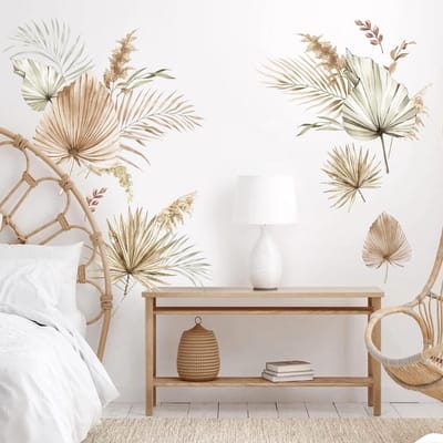 Muurstickers met Tropische Palmbladeren voor Woonkamer en Slaapkamer - Wanddecoratie met Exotische Planten - Moderne Muurtattoo voor Sofa en TV - Sfeervolle Achtergronddecoratie met Bladeren.