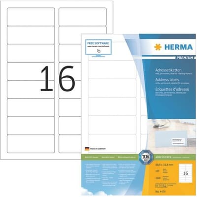 Herma premium-adresetiketten nr. 4479 op A4-bladen, 1600 etiketten, 100 vellen