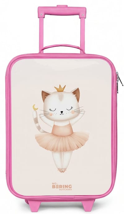 NoBoringSuitcases.com® - Kinderkoffer roze - Kindertrolley meisje - Ballerina kitten in beige kleuren - Koffer kind lichtgewicht - Reiskoffer trolley voor kinderen - Koffertje met lichtgevende wieltjes - Rolkoffer