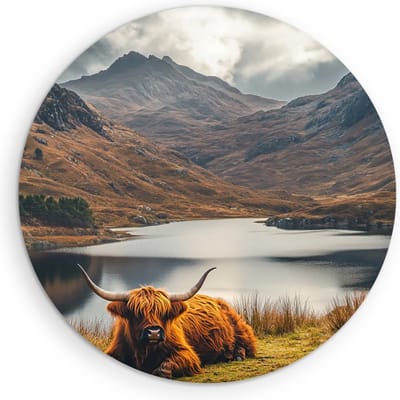 Saammp Muurcirkel Hout - Schotse hooglander koe - Schotse hooglanden - Natuur - Dieren - Ø 90 - Wandcirkel - Wanddecoratie Cirkel - Muurdecoratie Woonkamer - Slaapkamer decoratie - Rond Schilderij