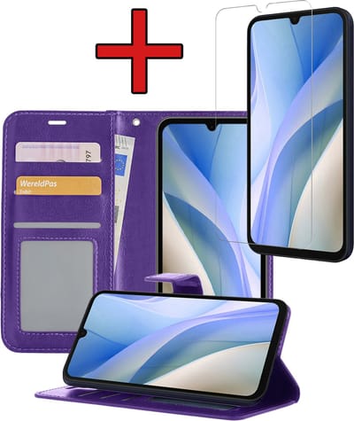 Hoesje - Met Screenprotector - Geschikt voor Samsung Galaxy A15 - Luxe Pasjeshouder - Flipcase - Bookcase Portemonee - Flip Case - Kunstleer Book Case - Book Cover - Walletcase - Portemonneehoes - Telefoonhoes - Paars