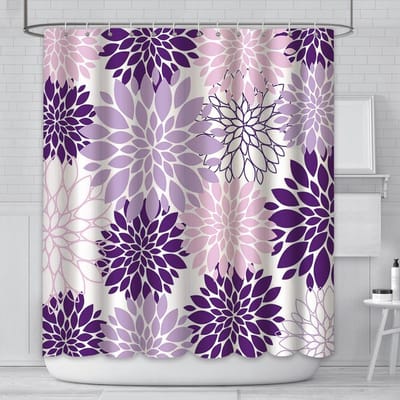 AIBIIN 180 x 180 cm Dahlia douchegordijn paarse bloem douchegordijnen voor badkamer duurzaam waterdicht polyester materiaal met 12 haken
