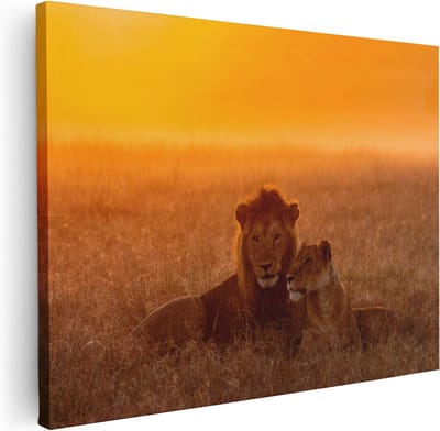 Artaza Canvas Schilderij Leeuw En Leeuwin - 40x30 cm - Klein - Muurdecoratie Dieren - Wanddecoratie Zonsondergang - Kamer Accessoires Savanne