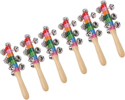 Houten Jingle Hand Bells - Muziek Rammelaar - Muziek Ontdekken - Regenboog Handvat - 6 Stuks - Kleurrijk