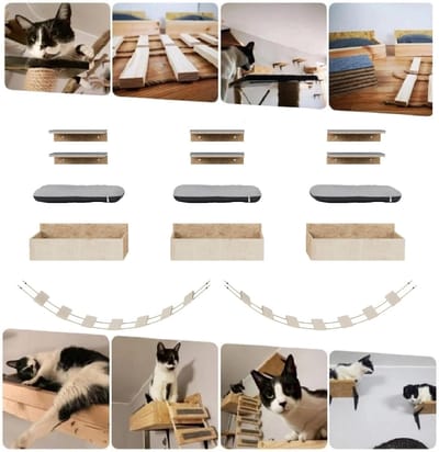 XXL Houten Klimwand Set voor Katten - Wandbed, Krabplank en Speeltoren
