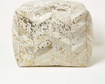 Homescapes Chevron-Muster Patchwork-Poef aus Leder & Fell crème-grijs-goud, 50 x 40 cm