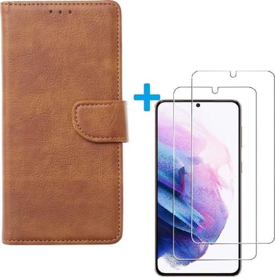 Bookcase Geschikt voor: Samsung Galaxy S21 Ultra 5G - Bruin - portemonnee hoesje met 2 stuks Glas Screen protector