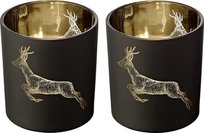 Set van 2 Theelichthouders Hert Design Mat Zwart Goud Binnenkant