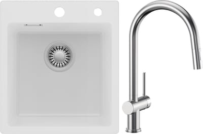 Auralum max Spoelbak voor keuken 40x45CM - Graniet Spoelbakken Met Keukenkraan Met Uittrekbare Uitloop - Enkele spoelbak Wit - Met waterafvoersysteem - Voor 40 cm kast