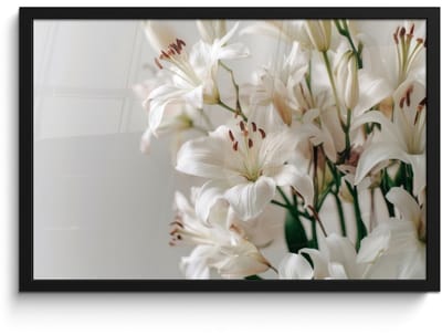 Poster in lijst - Fotolijst 60x40 cm - Posters - Lelies - Boekte - Wit - Meeldraden - Posterlijst zwart - Decoratie - Wanddecoratie woonkamer - Muurdecoratie slaapkamer