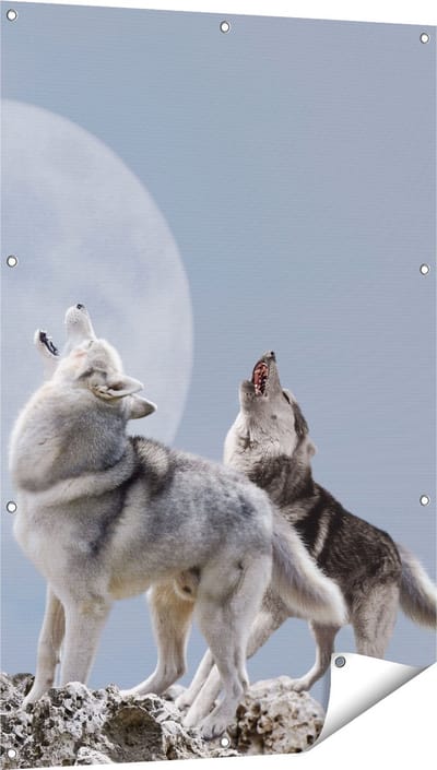 Gards Tuinposter Twee Wolven Die Huilen tijdens Volle Maan - 80x120 cm - Tuindoek - Tuindecoratie - Wanddecoratie buiten - Tuinschilderij