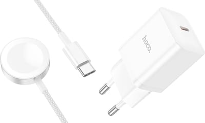 Hoco Draadloze Oplader Geschikt voor Apple Watch - Snel Lader (Type C N27) Geschikt voor Apple Watch 1 / 2 / 3 / 4 / 5 / 6 / 7 / 8 / 9 / SE / Ultra - USB C Stekker & Oplaadkabel (1.2 meter) - Wit