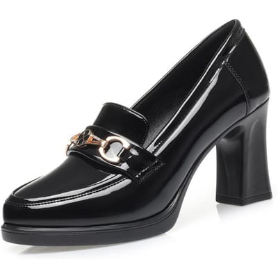 Lente Nieuwe Hoge Hakken Jurk Schoenen Puntige Neus Dames Pumps Zwart Middelhoge Hak Lak Instappers Vierkante Hak Leren Schoenen 37 black