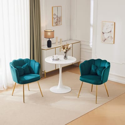 KOMHTOM Set van 2 moderne fluwelen fauteuils, badkamerstoelen, gestoffeerde stoelen met bloembladvormige rugleuning, vergulde metalen poten en vlinderkussens voor de slaapkamer-eetkamer