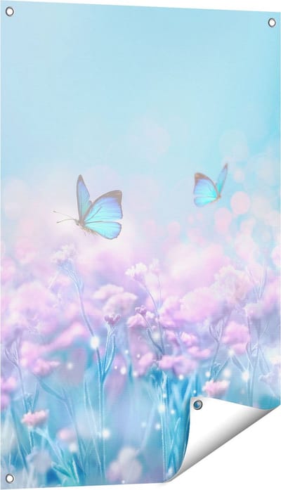 Gards Tuinposter Twee Blauwe Vlinders bij Roze Bloemen - 60x90 cm - Tuindoek - Tuindecoratie - Wanddecoratie buiten - Tuinschilderij