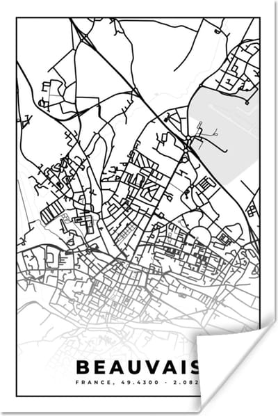 Poster Kaart - Plattegrond - Beauvais - Frankrijk - Stadskaart - Zwart wit - 120x180 cm XXL