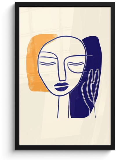 Poster in lijst - Fotolijst 40x60 cm - Posters - Minimalistisch - Gezicht - Hand - Oranje - Blauw - Posterlijst zwart - Decoratie - Wanddecoratie woonkamer - Muurdecoratie slaapkamer