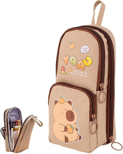 Schattige Kawaii Pennenzak met 3 Compartimenten, Staande en Verticale Cartoon Design, Ideaal voor School en Kantoorgebruik