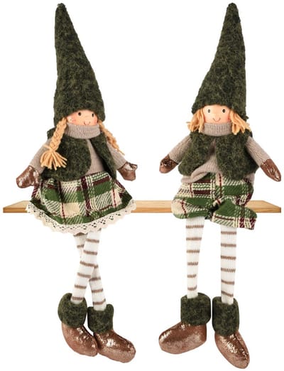 Dekoratief | Pop m/hangbenen, groen/bruin, stof, 15x9x52cm, set van 2 stuks | A255676