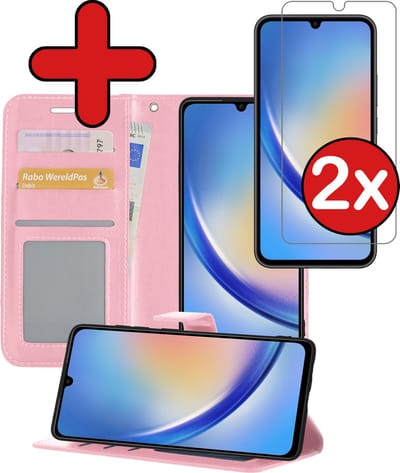Hoesje - Met 2x Screenprotector - Geschikt voor Samsung Galaxy A34 - Luxe Pasjeshouder - Flip Case - Bookcase Portemonee - Kunstleer Book Case - Flipcase Hoes - Book Cover - Walletcase - Portemonneehoes - Telefoonhoes - Lichtroze