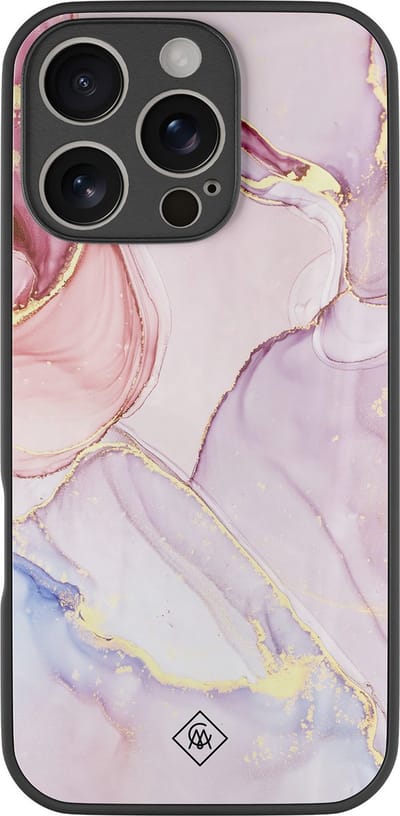 Casimoda® hoesje - Geschikt voor iPhone 16 Pro - Marmer roze paars - Luxe Hard Case Zwart - Backcover telefoonhoesje - Paars