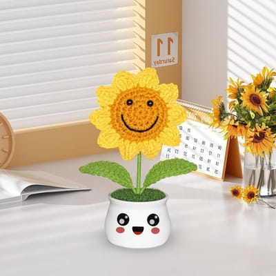 Kunstbloemen Zonnebloem - Gehaakte Mini Bloemen in Pot voor Handgemaakte Decoratie, Cadeau en Kantoorinrichting
