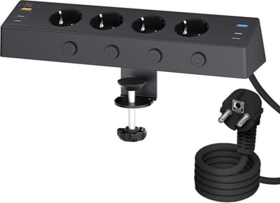 StayPowered Tafelstopcontact - Efficiënt Opladen en Energiebeheer - 4 Schuko Stopcontacten - 4 USB-C 20W en 2 USB-A Poorten - Eenvoudige Installatie - Overspanningsbeveiliging - 2m Kabel - Zwart - Levering Sneller dan Aangegeven!