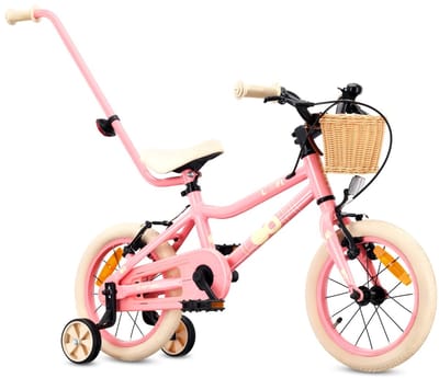 Sun Baby Kinderfiets 14 Inch LOOFI, Fiets voor Meisje 3-5 Jaar, lichtgewicht 6.6 kg, aluminium frame, met zijwieltjes, mandje, bel, stickers - Roze