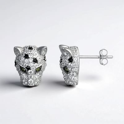 Cavill - Zilveren Panther Oorbellen - 925 Sterling Zilver - Nigeriaanse Zirkonen 1.657 ct & Zwarte Saffieren - Elegant 13mm Oorbellen