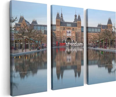 Artaza Canvas Schilderij Drieluik Amsterdam Rijksmuseum - I Amsterdam Tekst - 120x80 cm - Wanddecoratie Woonkamer - Schilderijen - Muurdecoratie