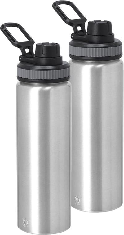 Bellatio Design Waterfles/drinkfles sport bidon Fitmaster - 2x - metallic zilver - 800 ml - aluminium - schroefdop