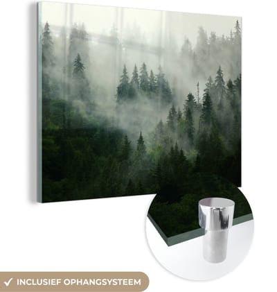 MuchoWow® Glasschilderij 120x90 cm - Schilderij acrylglas - Bos - Mist - Bomen - Natuur - Foto op glas - Schilderijen