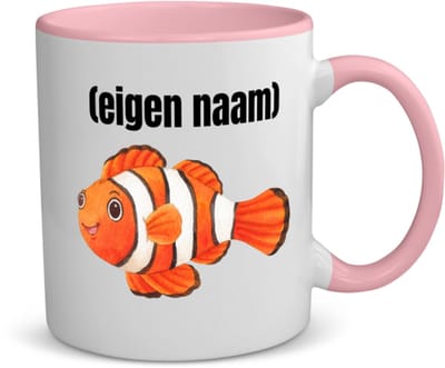 Akyol - oranje vis (nemo) met eigen naam koffiemok - theemok - roze - Vis - vissen liefhebbers - iemand die houdt van vissen - verjaardag - cadeau - kado - 350 ML inhoud