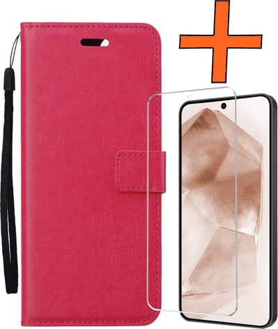Hoes - Met Screenprotector - Geschikt voor Samsung Galaxy A55 - Luxe Pasjeshouder - Bookcase Portemonee - Flip Case - Kunstleer Book Case - Flipcase - Book Cover - Walletcase - PortemonneeHoes - Donkerroze