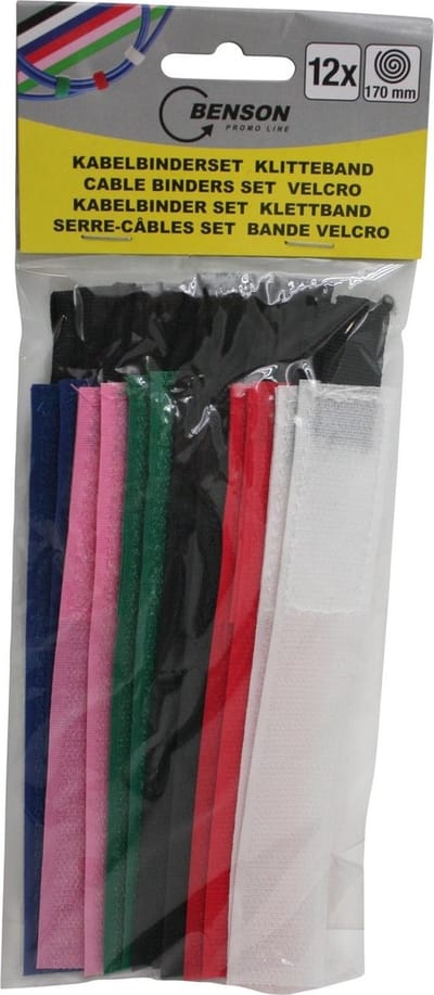 Benson Klittenband kabelbinderset - herbruikbaar - 12 stuks - verschillende kleuren