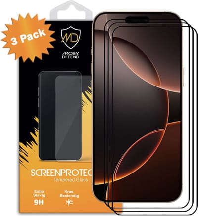 3-Pack MobyDefend Screenprotectors - Geschikt voor iPhone 16 Pro Max - Screensavers Met Zwarte Randen - Gehard Glas