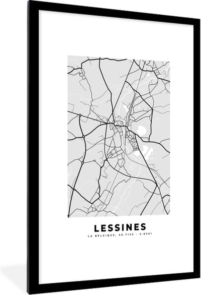 Fotolijst incl. Poster Zwart Wit- Stadskaart – Plattegrond – België – Zwart Wit – Lessines – Kaart - 80x120 cm - Posterlijst