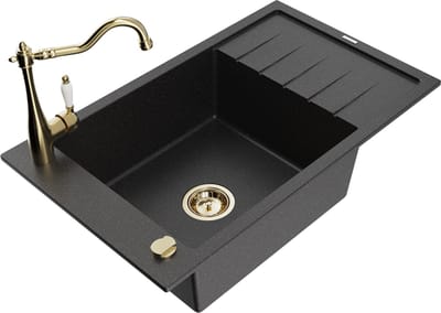 Mexen Elias granieten spoelbak 1-komorig met afdruiprek en keukenkraan Carla, zwart/zilver metallic - 6511-73-670700-50