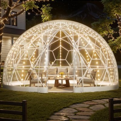 VEVOR Garden Dome, 4,57 x 2,9 m transparante bubbeltent voor 10-14 personen, geodetische koepelkas met raam, PVC-tent voor achtertuin, terras, camping, feest, bruiloft