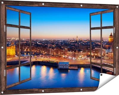 Gards Tuinposter Doorkijk Amsterdam Centrum in de Nacht - 120x80 cm - Tuindoek - Tuindecoratie - Wanddecoratie buiten - Tuinschilderij