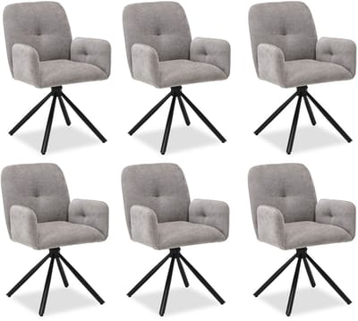 Homestyle4u Eetkamerstoel van Linnen - 6 stoelen - Grijs - met armleuningen - draaibaar