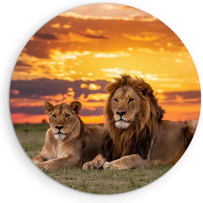 Saammp Muurcirkel Hout - 2 Leeuwen in zonsondergang - Afrika -Dieren - Natuur - Ø 90 - Wandcirkel - Wanddecoratie Cirkel - Muurdecoratie Woonkamer - Slaapkamer decoratie - Rond Schilderij