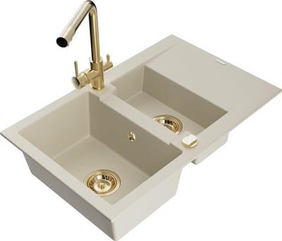 Mexen Gaspar granieten spoelbak 1,5-komorig met afdruiprek en keukenkraan Duero, beige - 6507-69-671600-50
