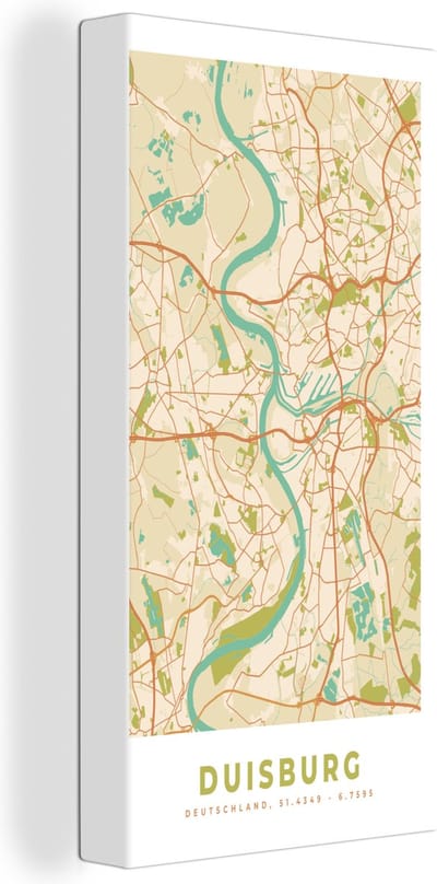 Canvas Schilderij Vintage - Kaart - Duisburg - Plattegrond - Stadskaart - 20x40 cm - Wanddecoratie