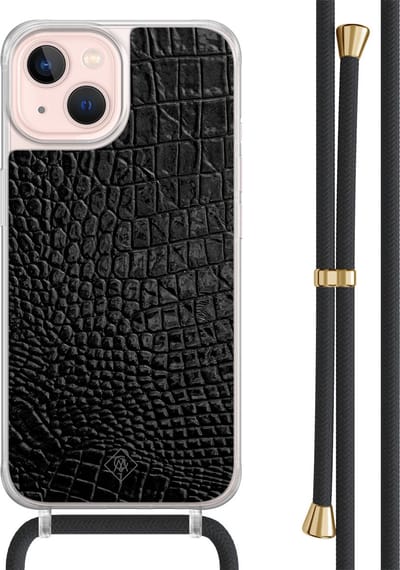 Casimoda® hoesje met zwart koord - Geschikt voor iPhone 13 - Croco Zwart - Afneembaar koord - TPU/acryl - Zwart